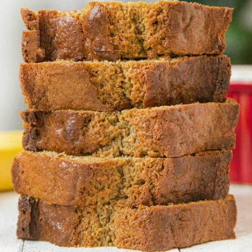 Healthy Banana Bread slices in stack