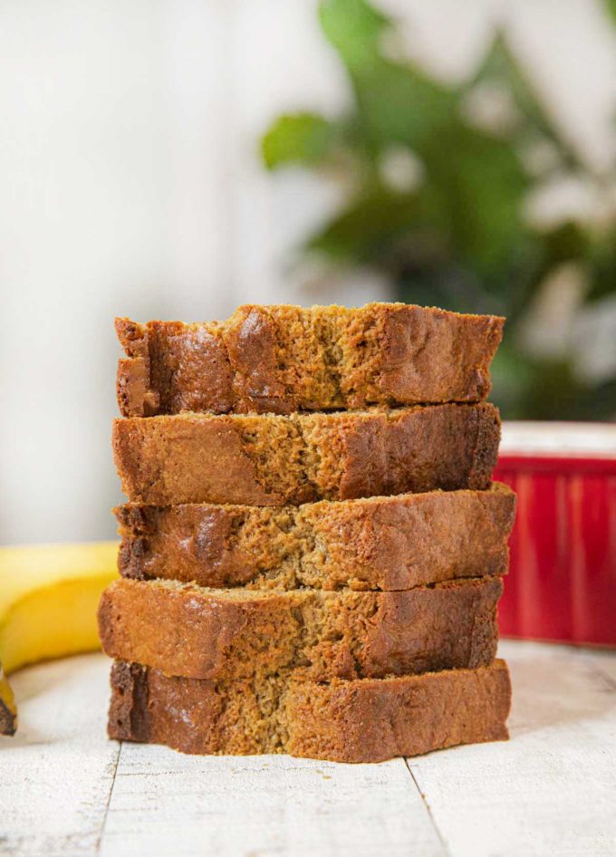 Healthy Banana Bread slices in stack