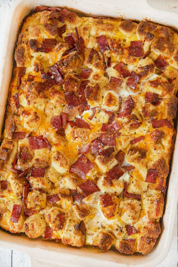 Healthy Breakfast Casserole with Turkey Bacon in baking dish