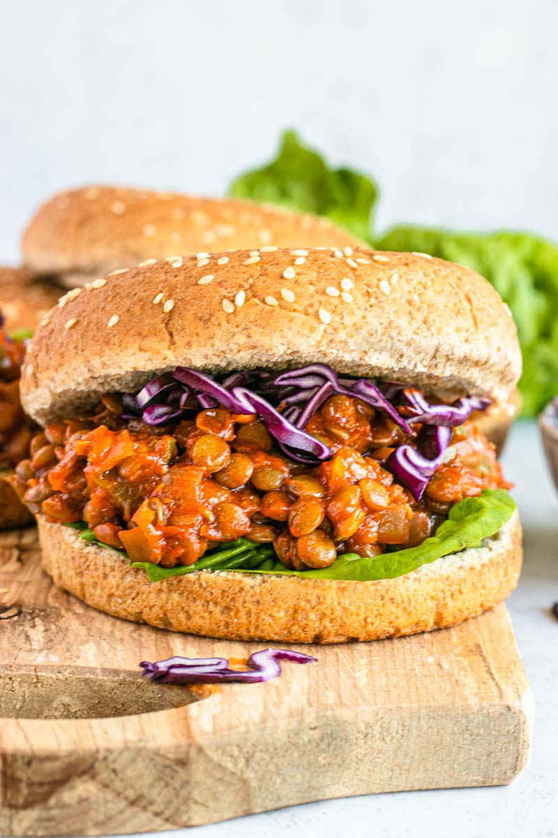 Lentil Sloppy Joes sandwiches on cutting board