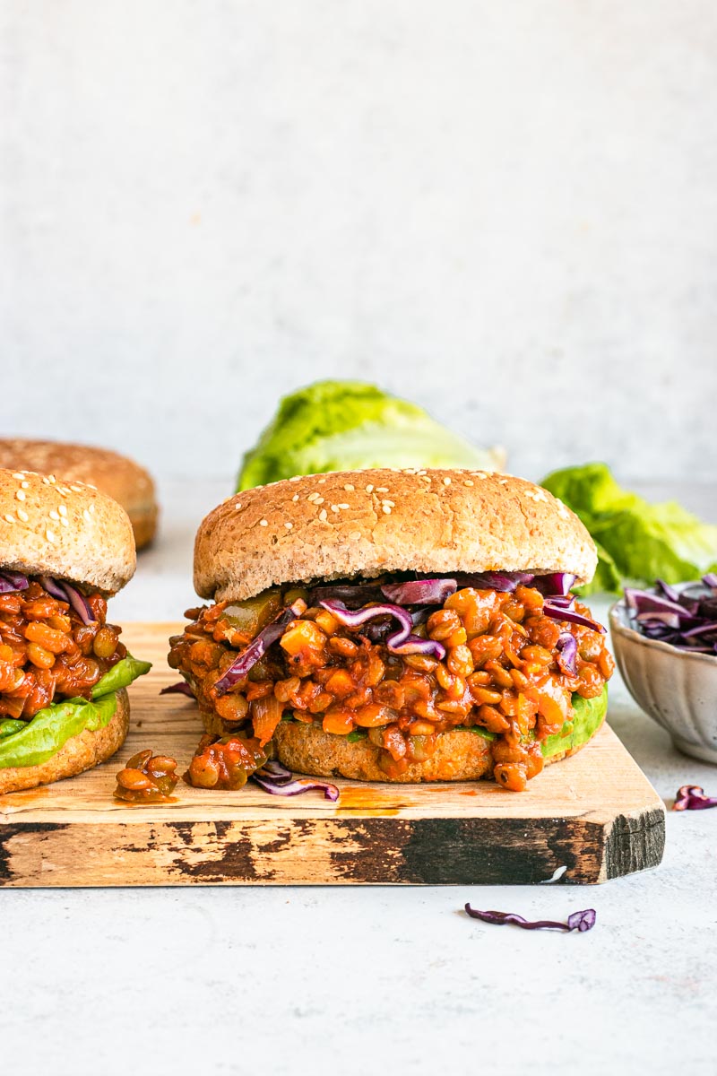 Lentil Sloppy Joes sandwiches on cutting board