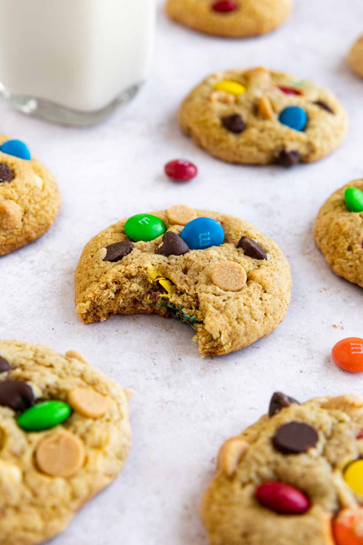 Healthier Monster Cookies, bitten up close