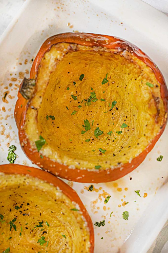 Roasted Acorn Squash in baking dish