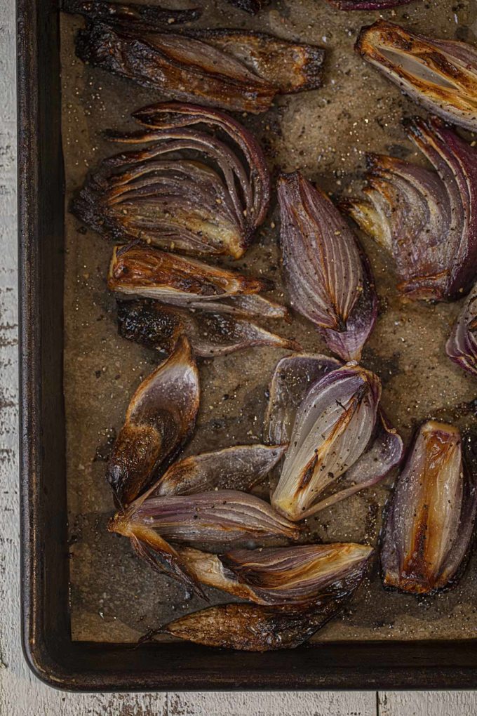 Roasted Red Onions on sheet pan