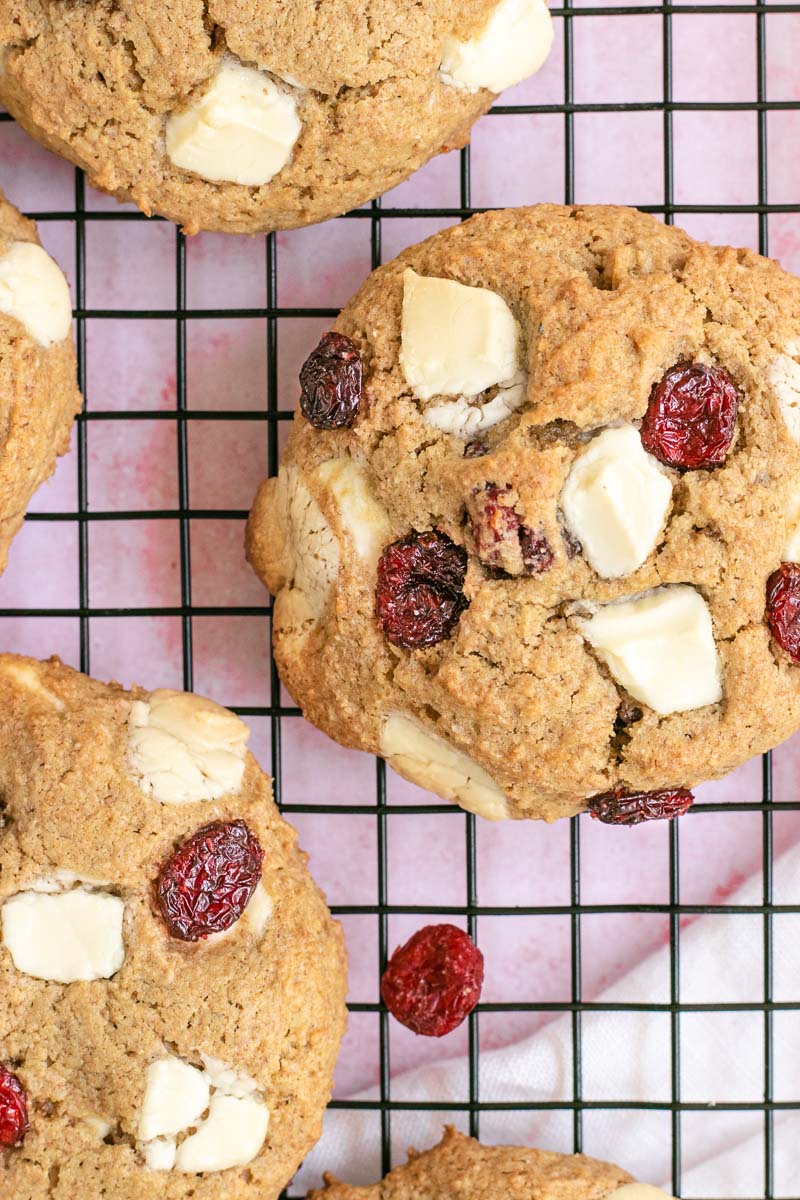 White Chocolate Cranberry Cookies on cooling rack