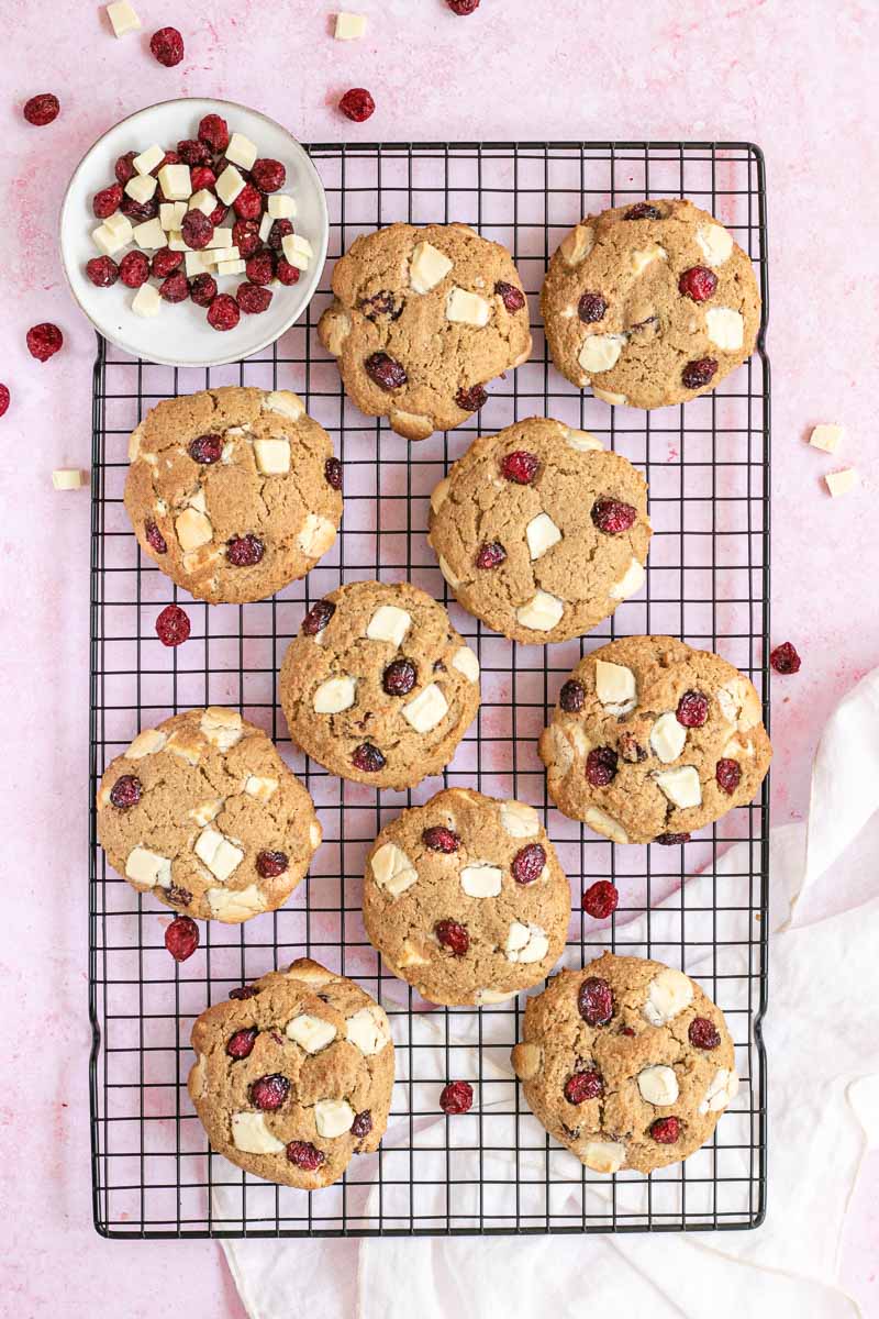 White Chocolate Cranberry Cookies on cooling rack