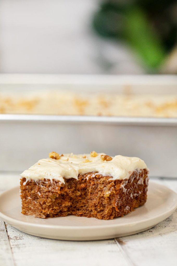 Whole Wheat Carrot Sheet Cake slice on plate