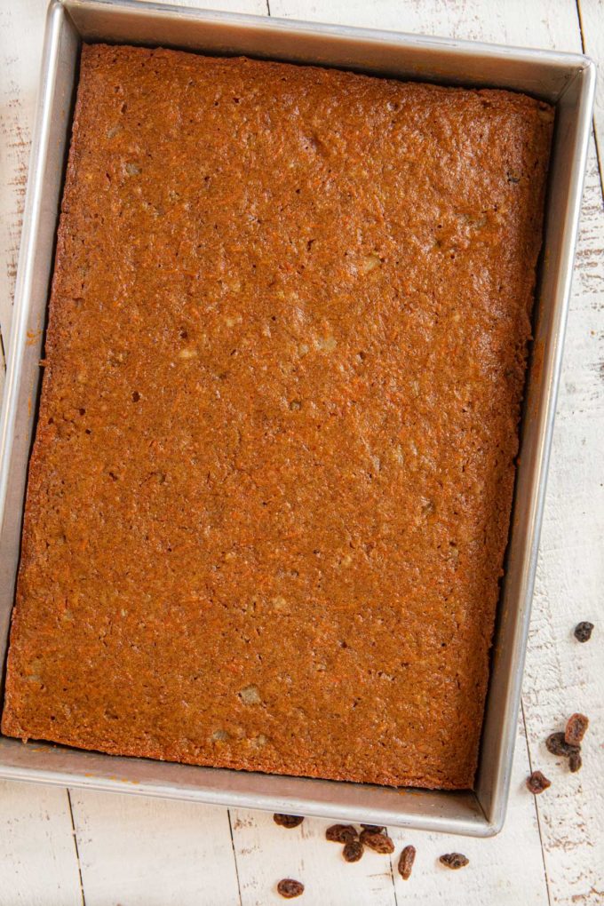 Whole Wheat Carrot Sheet Cake in cake pan before frosting