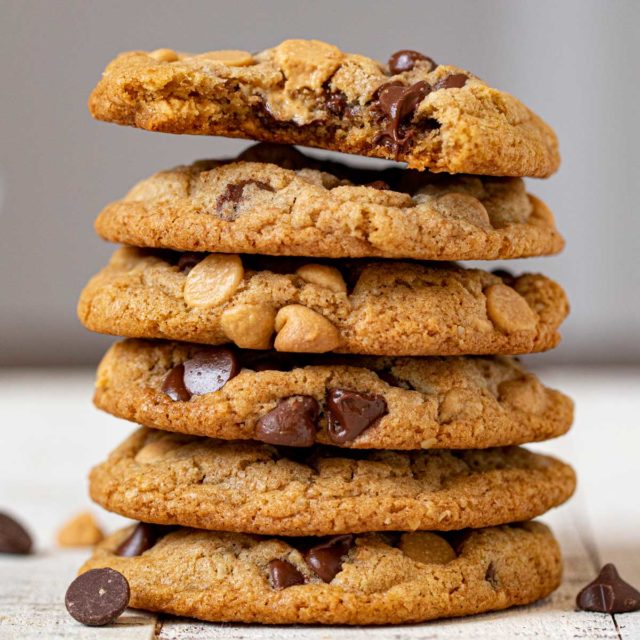 Whole Wheat Peanut Butter Chocolate Chip Cookies in stack