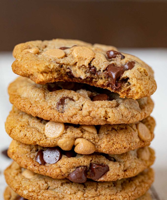 Whole Wheat Peanut Butter Chocolate Chip Cookies in stack