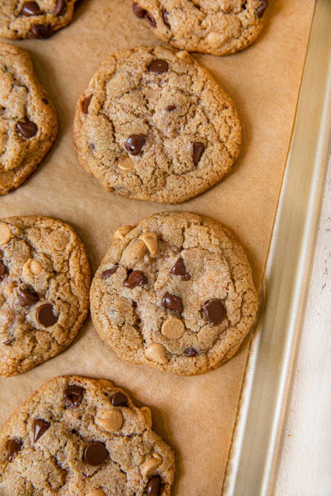 Whole Wheat Peanut Butter Chocolate Chip Cookies on cookie sheet