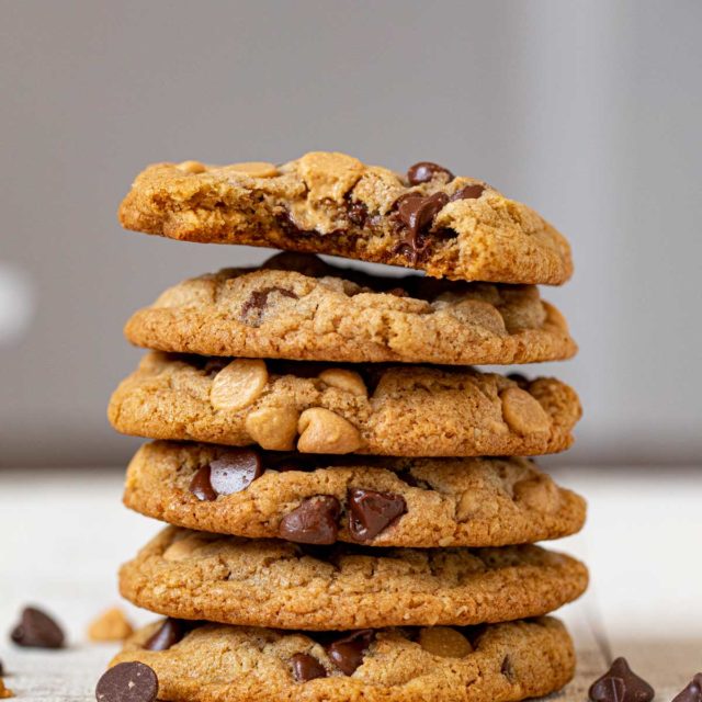 Whole Wheat Peanut Butter Chocolate Chip Cookies in stack