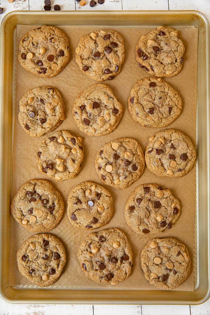 Whole Wheat Peanut Butter Chocolate Chip Cookies on cookie sheet