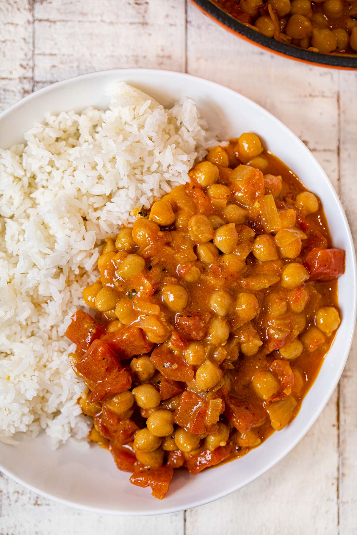 Bowl of Coconut Chickpea Curry with steamed rice