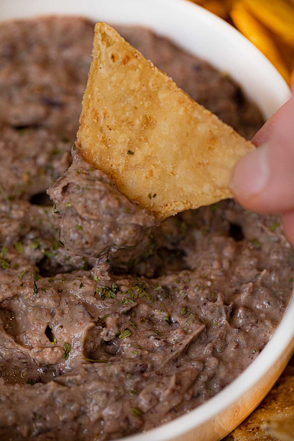 Greek Yogurt Black Bean Dip with dipping chip