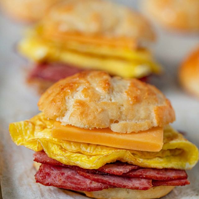 Healthy Bacon and Egg Cheese Biscuit Sandwiches on baking sheet