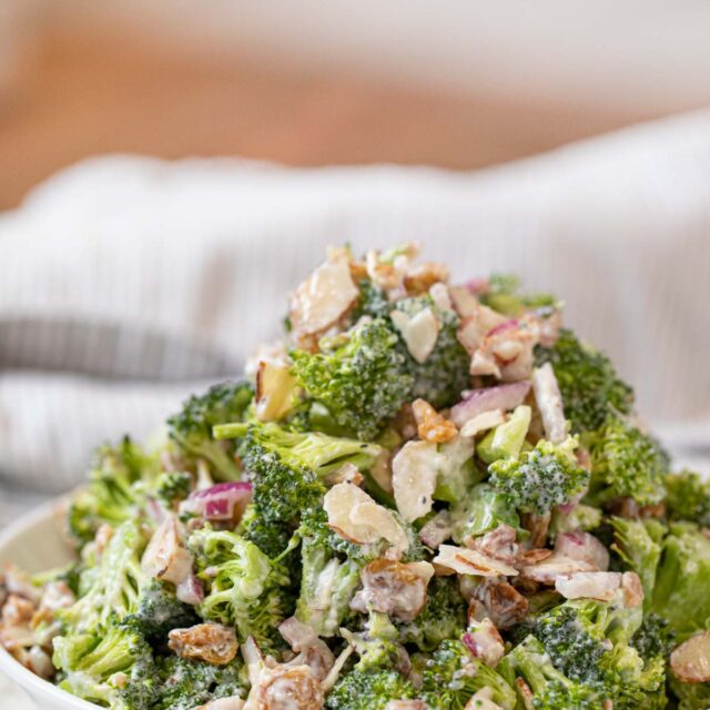 Healthy Greek Yogurt Broccoli Salad in white bowl