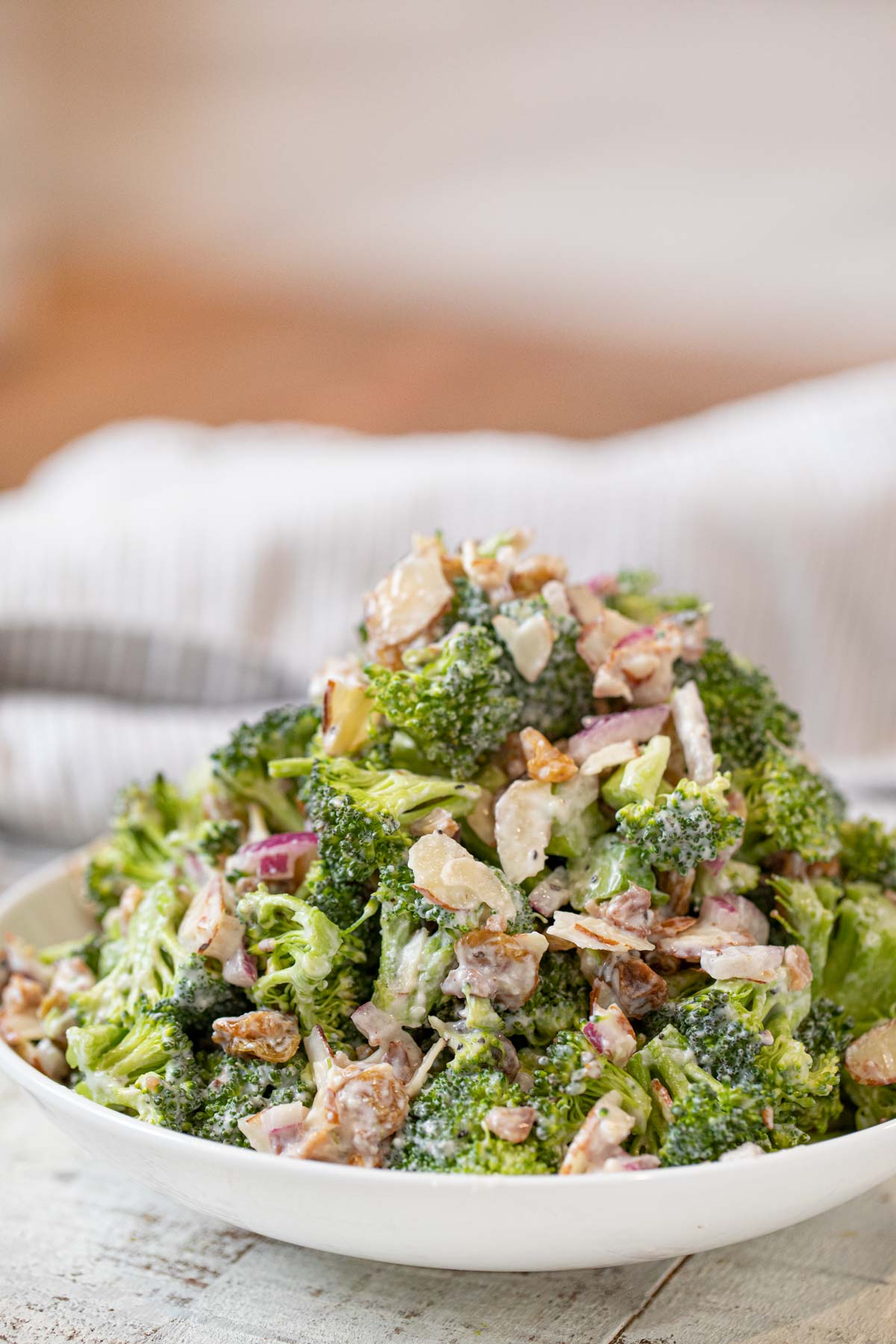 Healthy Greek Yogurt Broccoli Salad in white bowl