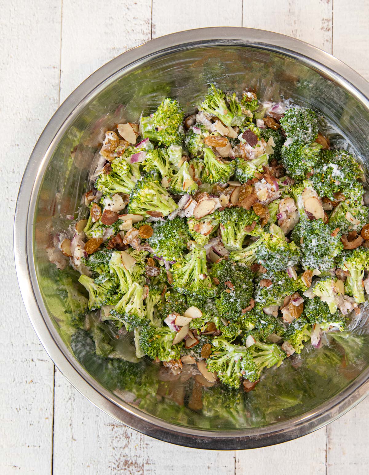 Healthy Broccoli Salad in metal mixing bowl