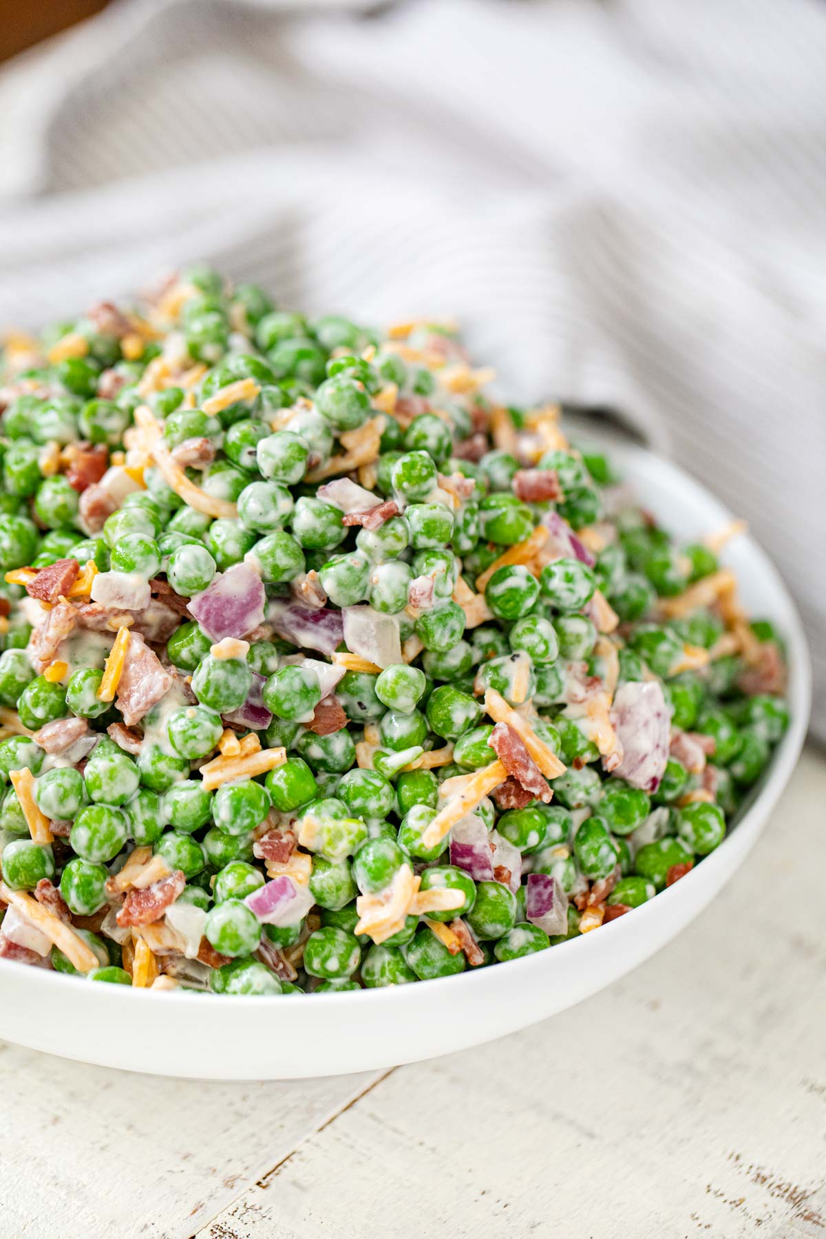 Healthy Pea and Bacon Salad in bowl 