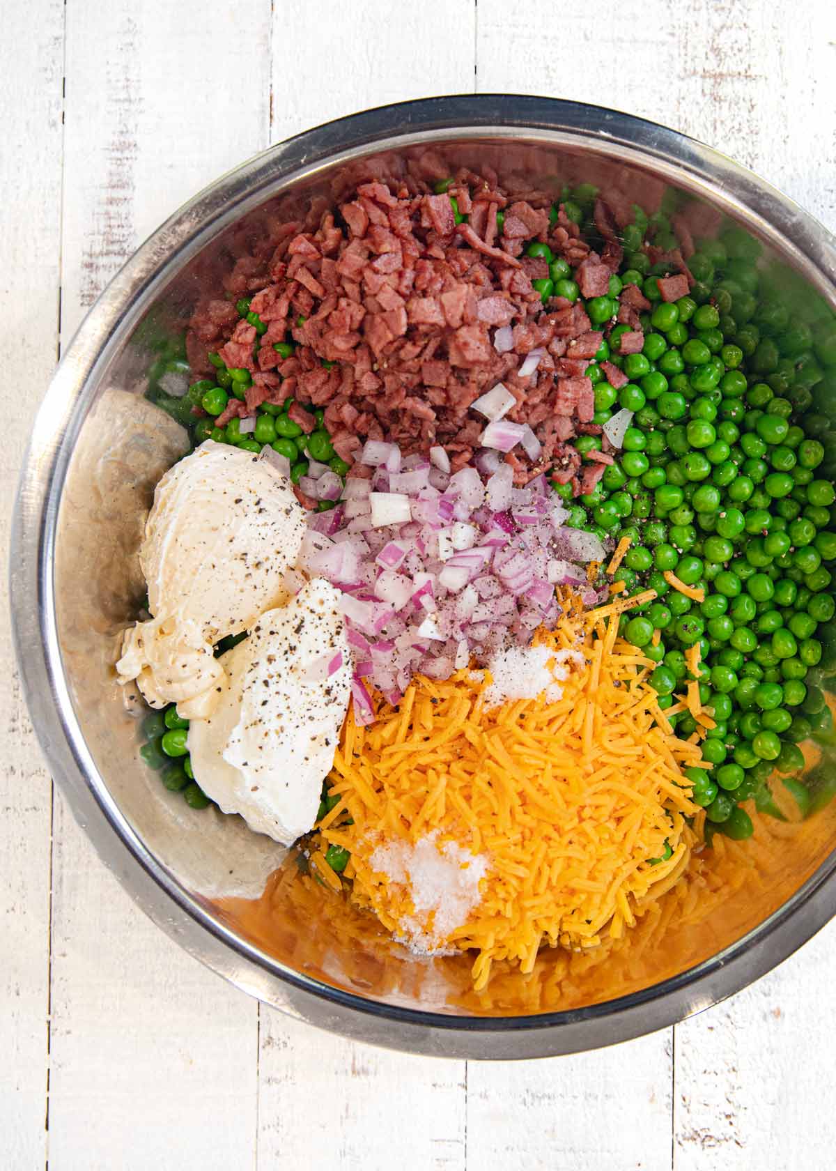 Healthy Pea and Bacon Salad ingredients in bowl