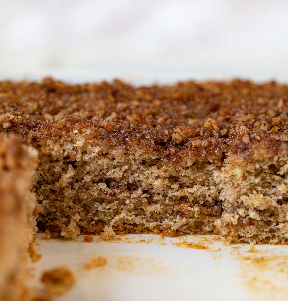 Healthy Sour Cream Coffee Cake cross-section in baking dish