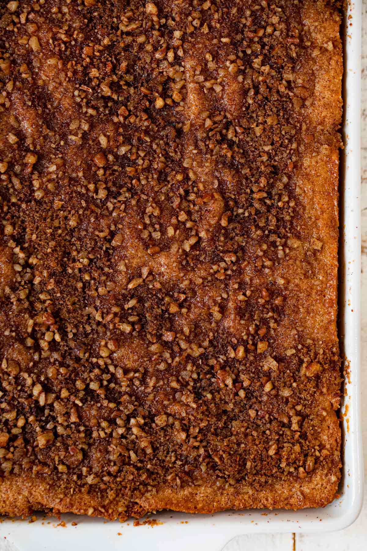 Healthy Sour Cream Coffee Cake top-down view in baking dish