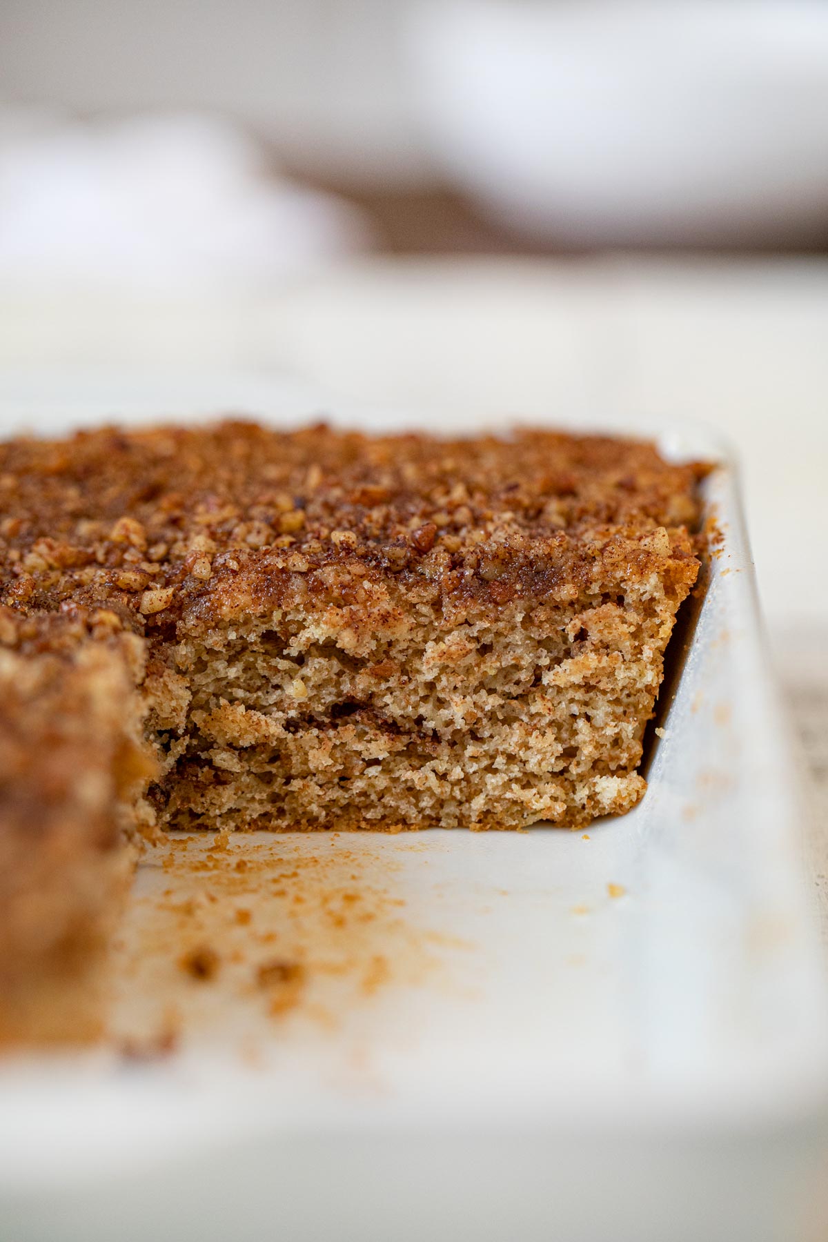 Healthy Sour Cream Coffee Cake cross-section in baking dish
