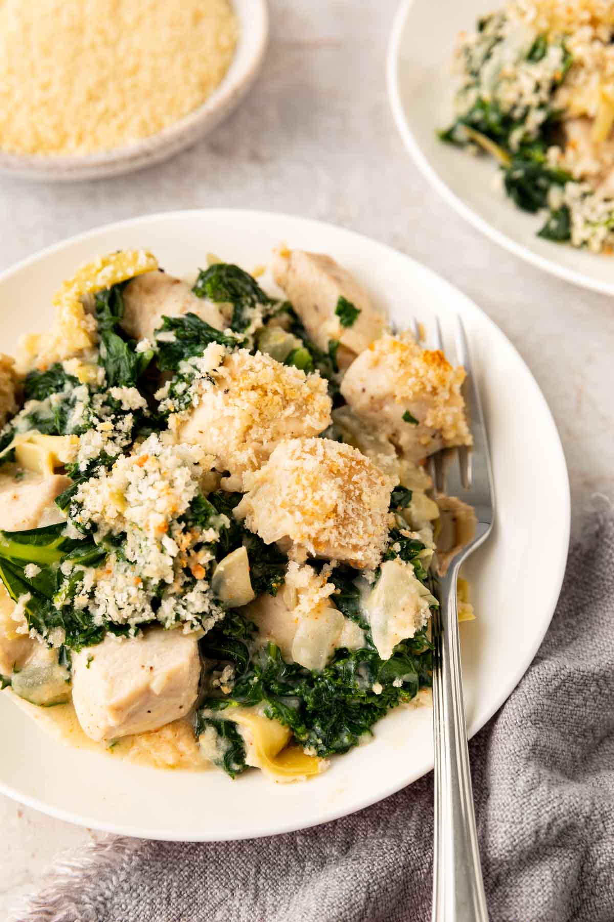 Kale Artichoke Parmesan Chicken Casserole on a plate