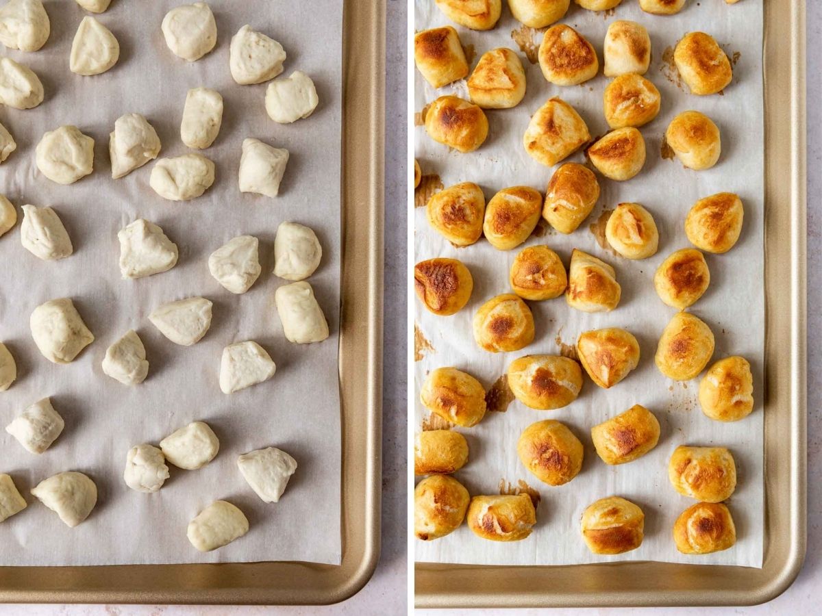 Easy Pretzel Bites collage on baking sheet before and after baking