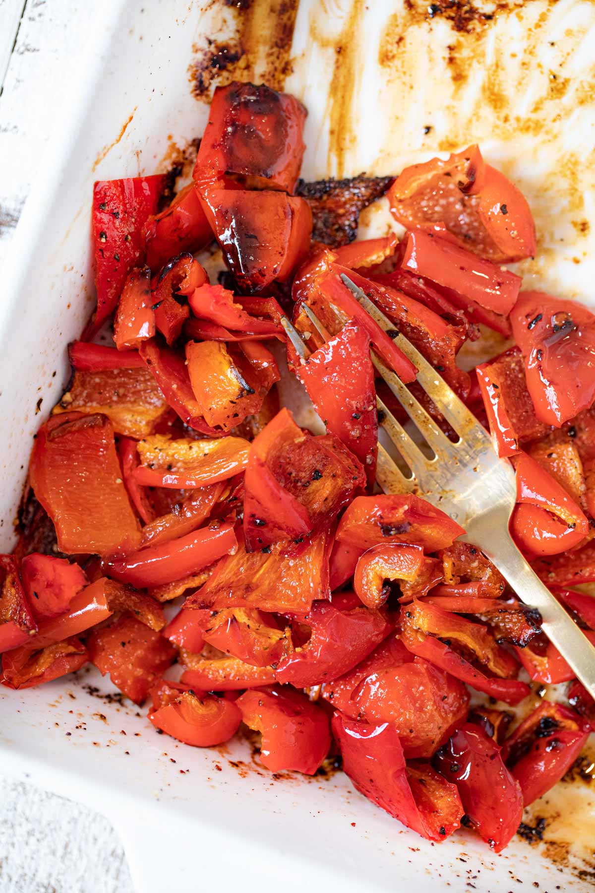 Roasted Red Bell Peppers in baking dish