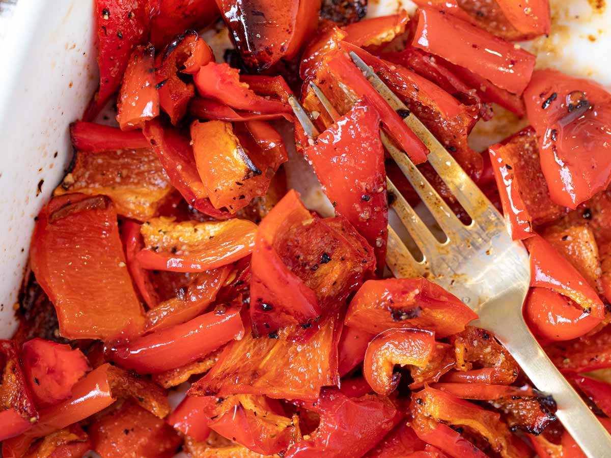 Roasted Red Bell Peppers in baking dish