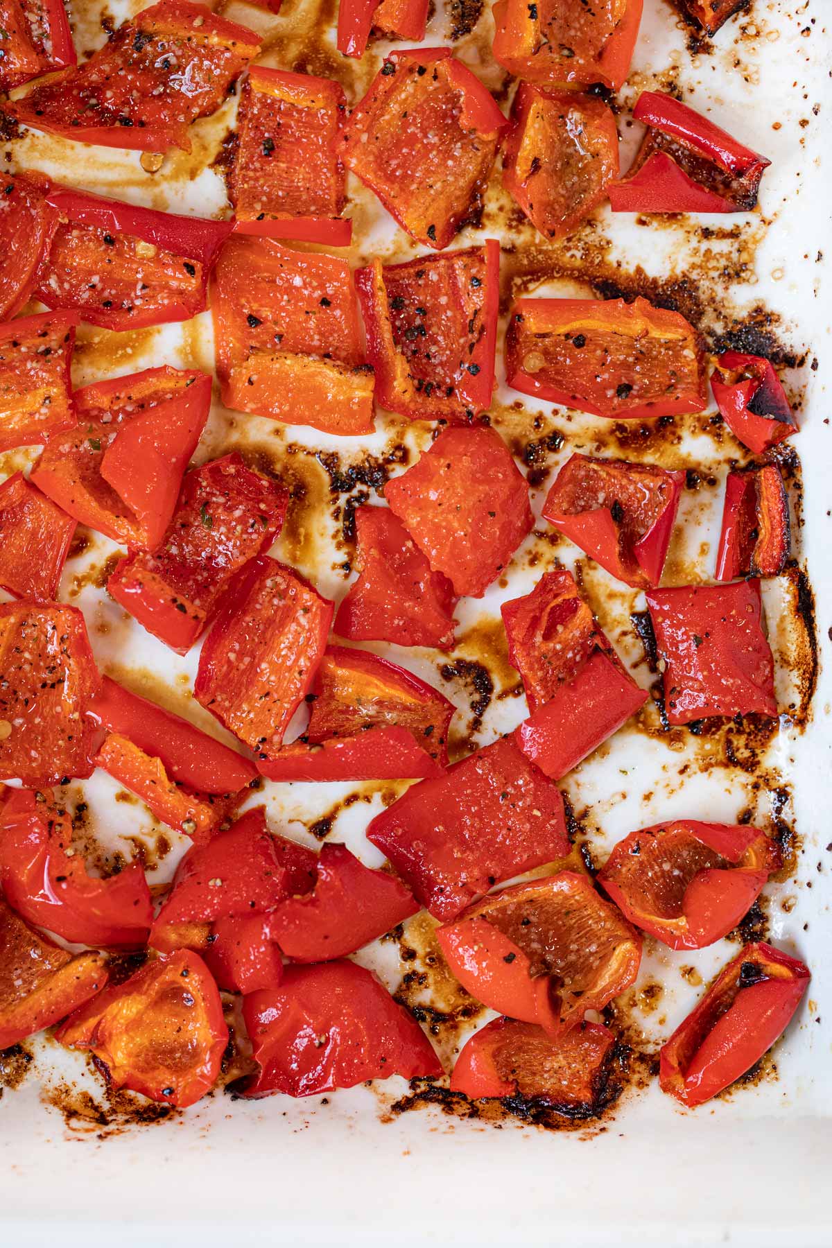 Roasted Red Bell Peppers in baking dish