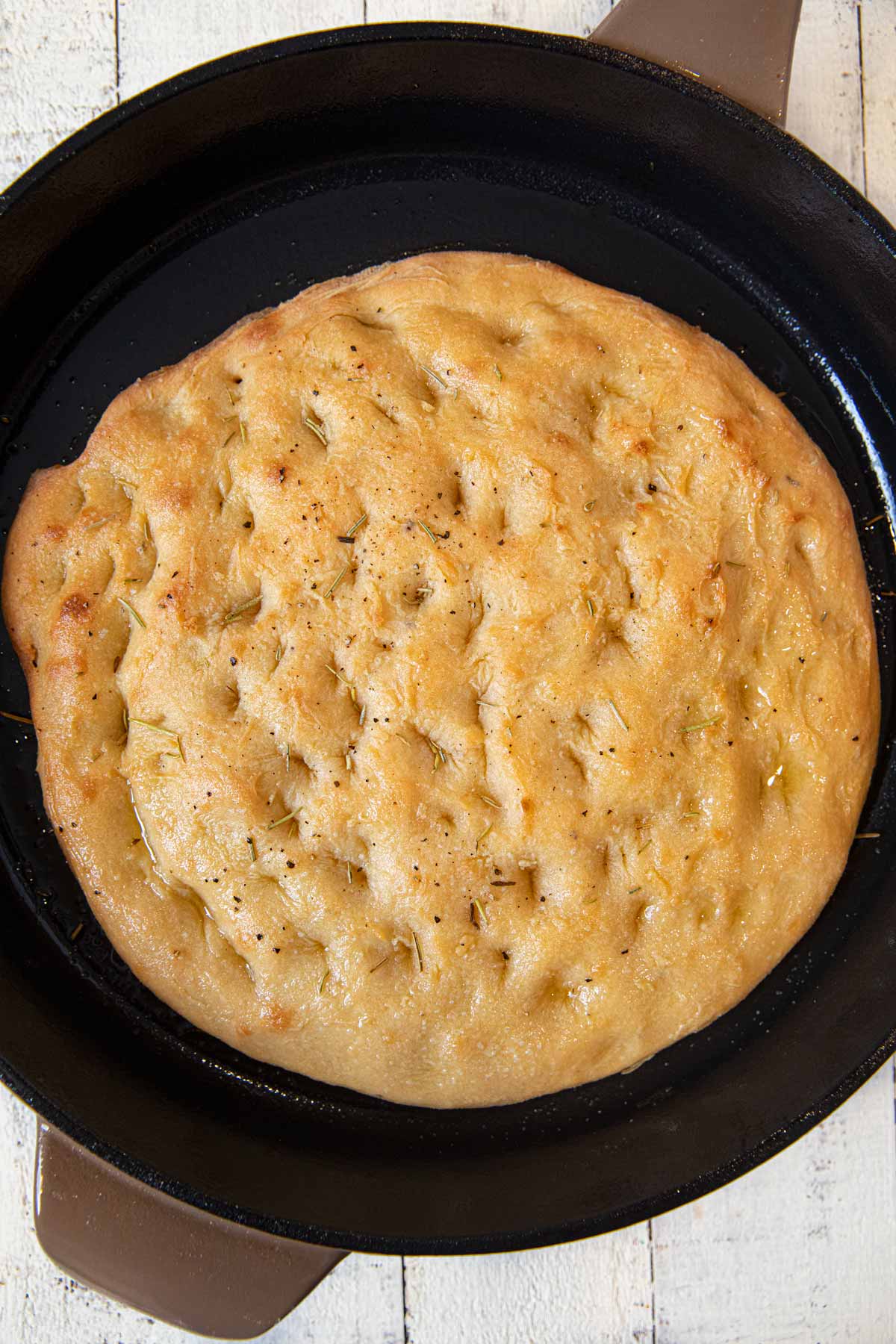 Rosemarry Foccacia Bread in cast iron skillet