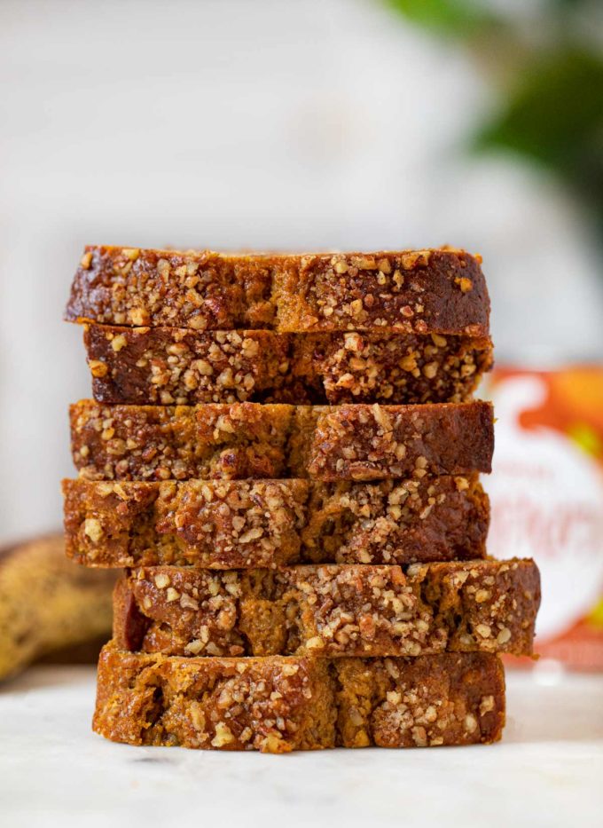 Whole Wheat Banana Pumpkin Bread slices in stack