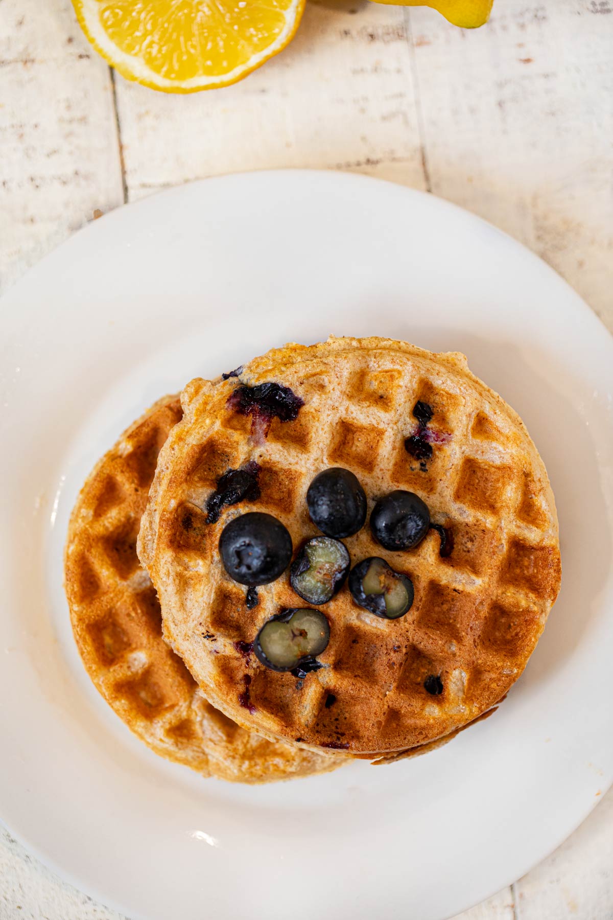 Whole Wheat Yogurt Blueberry Waffles on plate