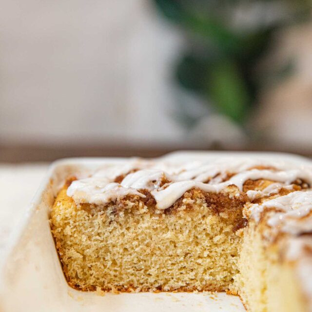 Healthy Cinnamon Roll Cake in baking dish