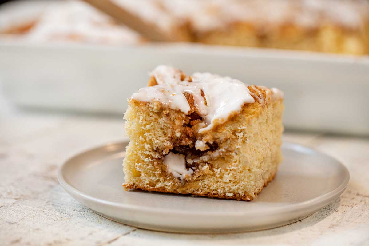 Healthy Cinnamon Roll Cake slice on plate