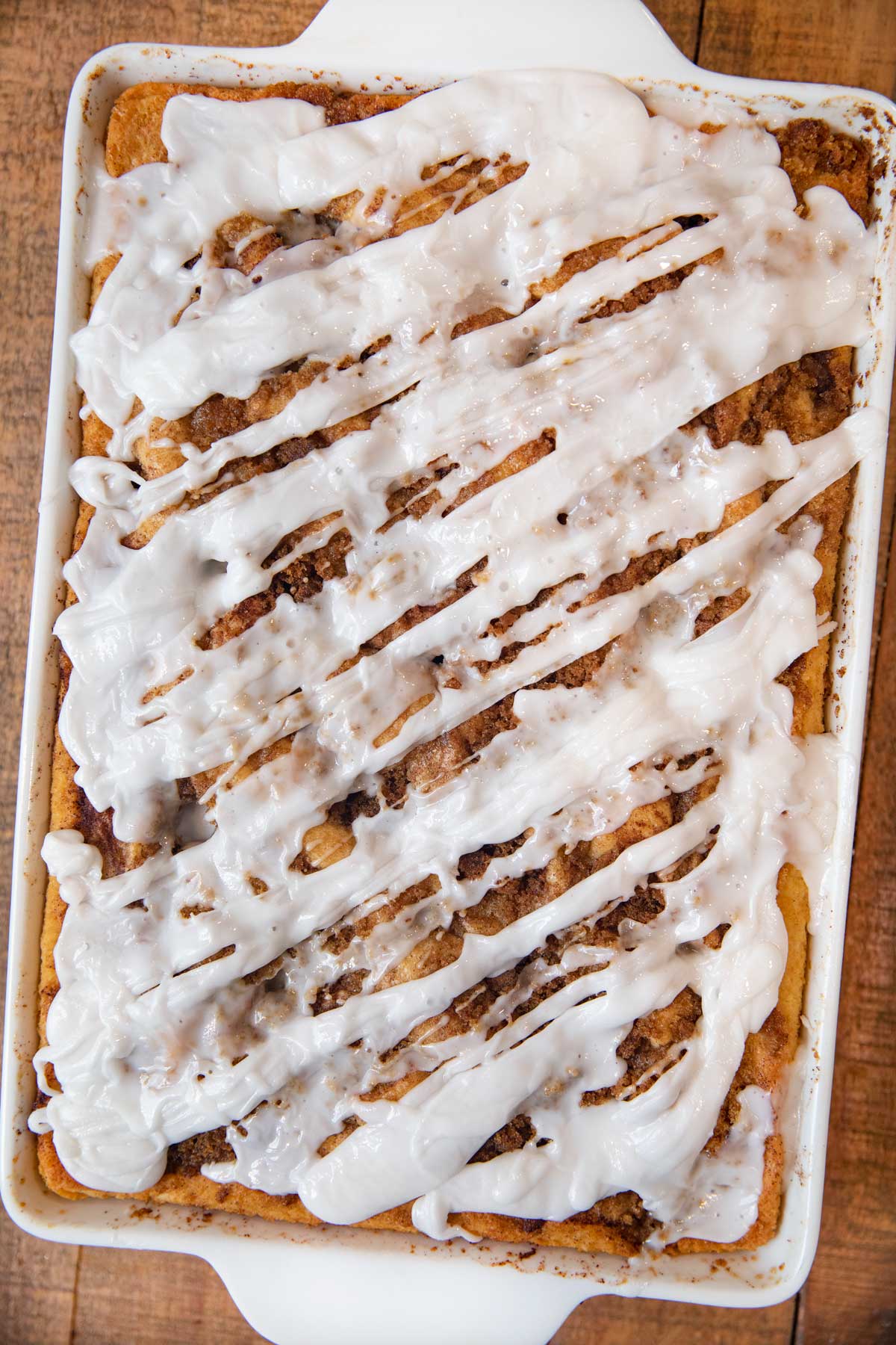 Healthy Cinnamon Roll Cake in baking dish, top-down view