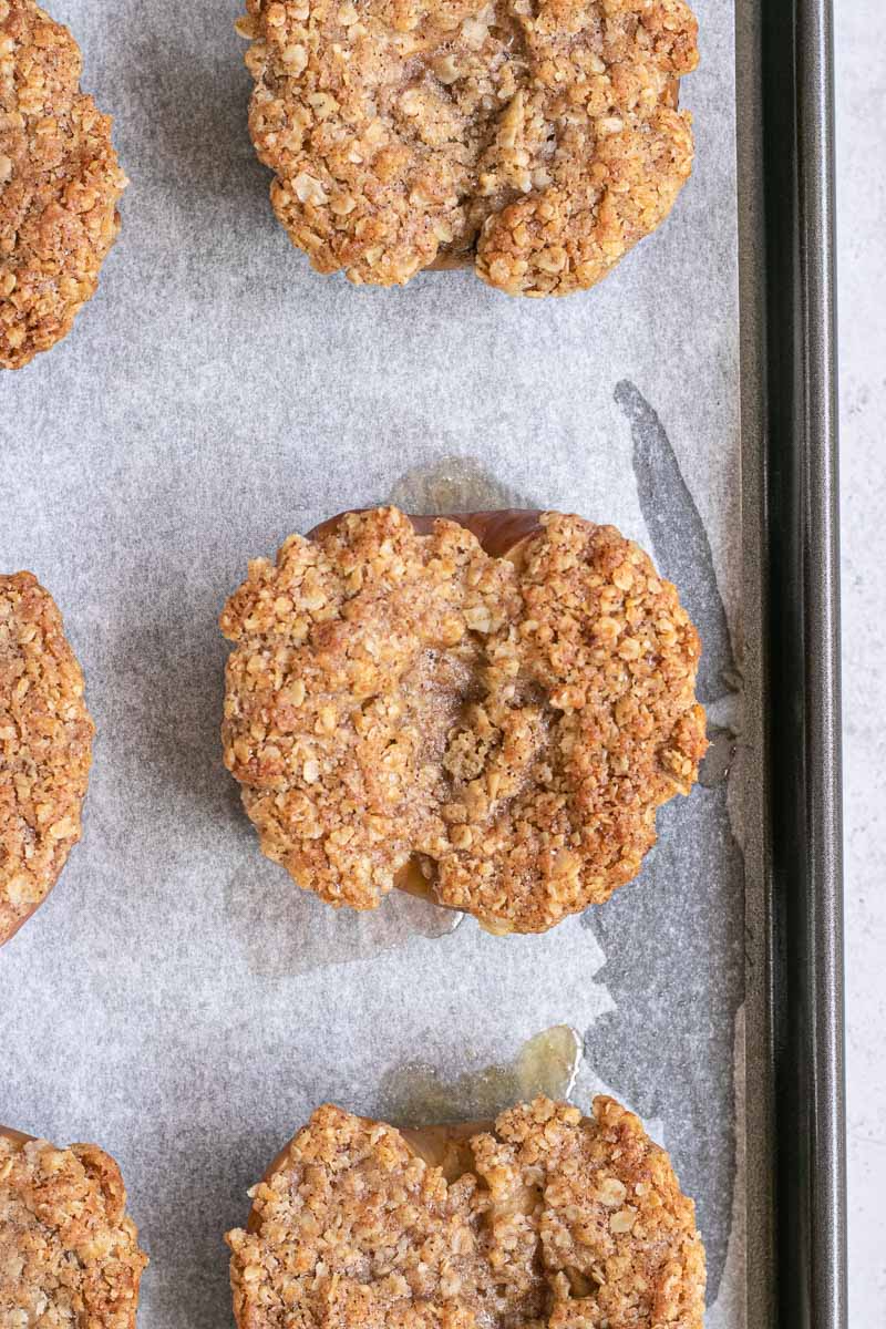 Cinnamon Streusel Baked Apples on a baking sheet