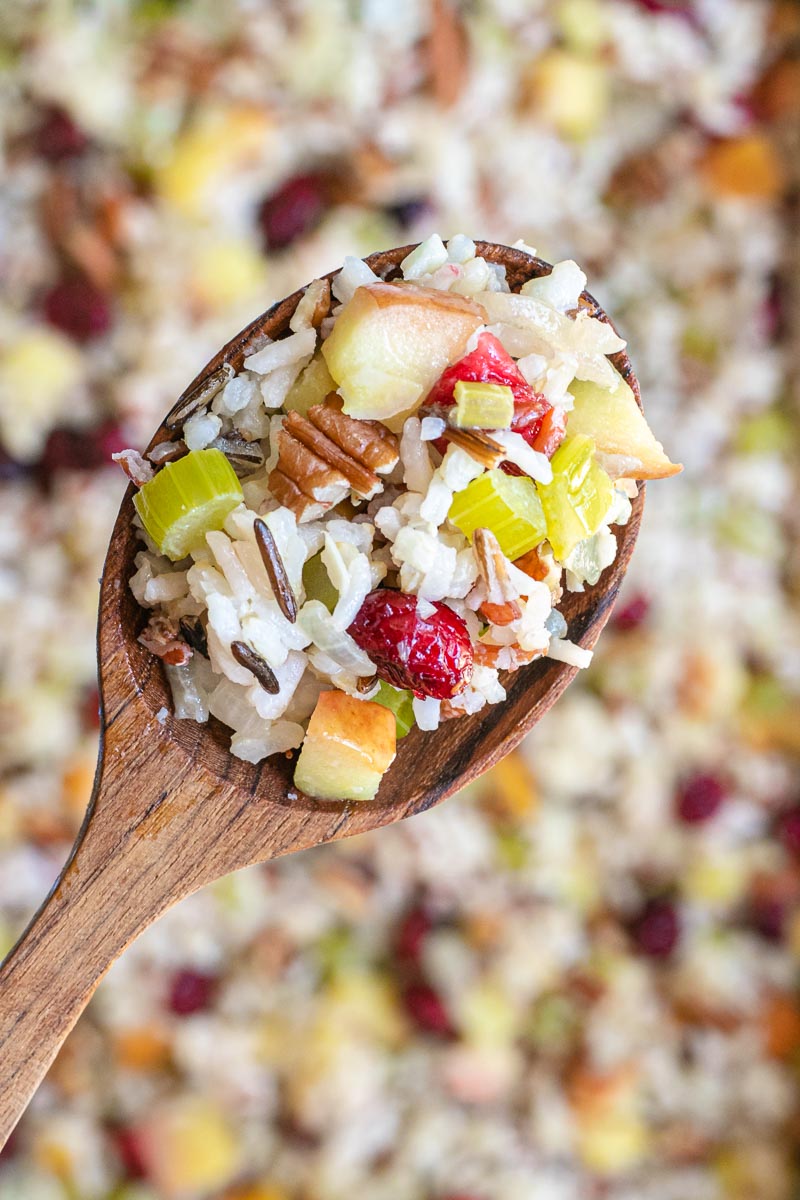 Fruit and Nut Wild Rice Stuffing close up on spoon