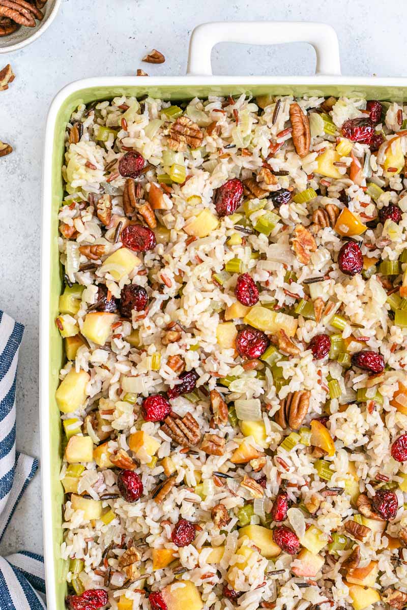 Fruit and Nut Wild Rice Stuffing in baking dish