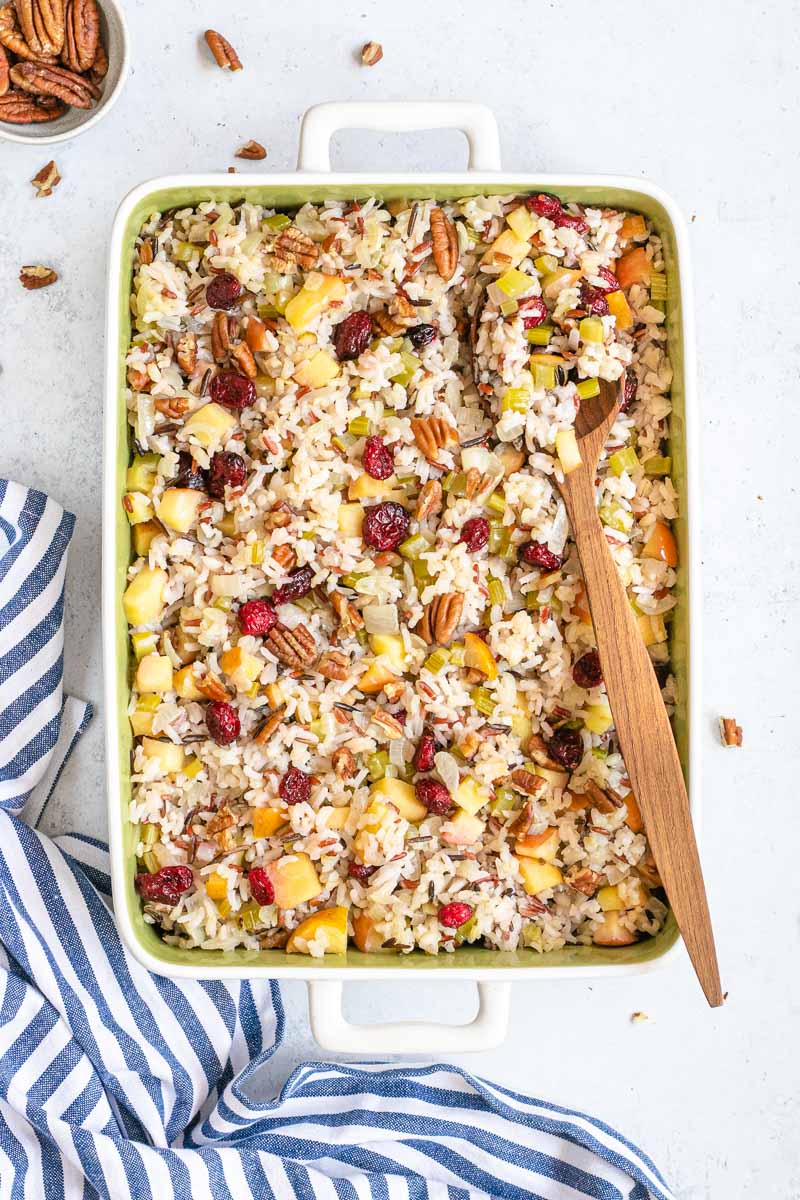 Fruit and Nut Wild Rice Stuffing in baking dish