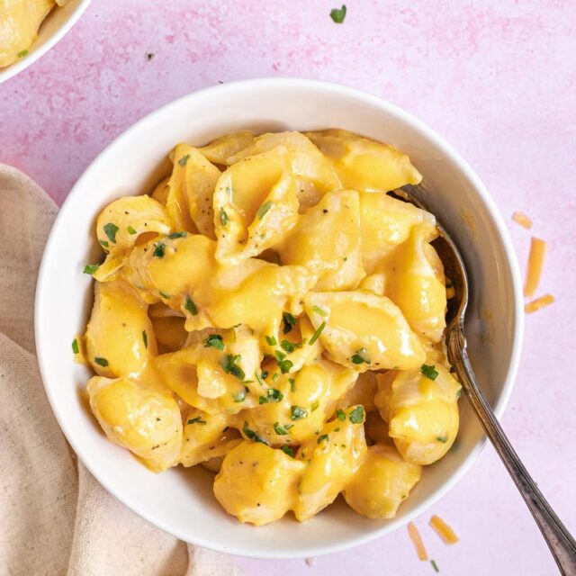Healthy Butternut Squash Macaroni and Cheese in white bowl