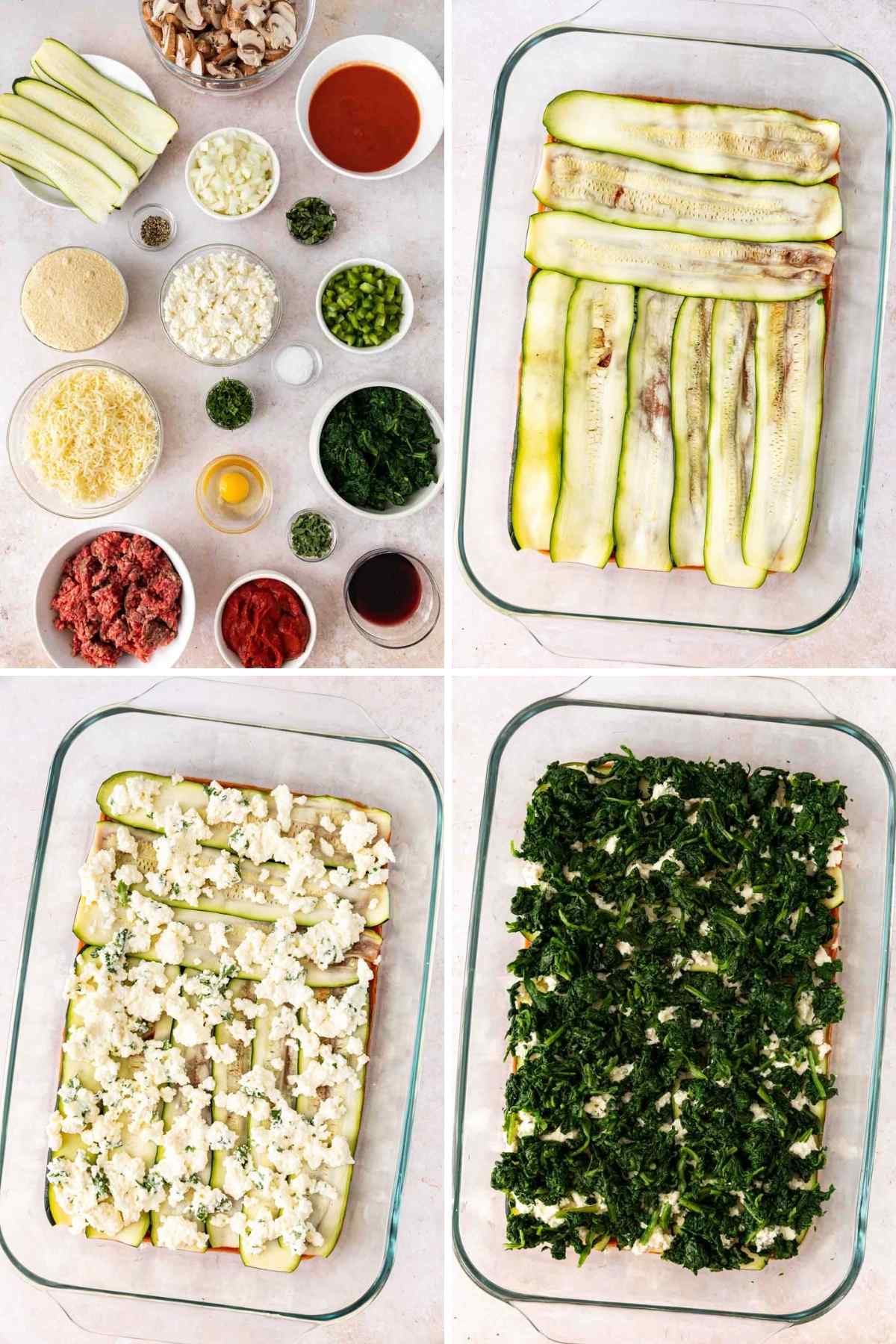 Zucchini Lasagna ingredients and layers in baking dish