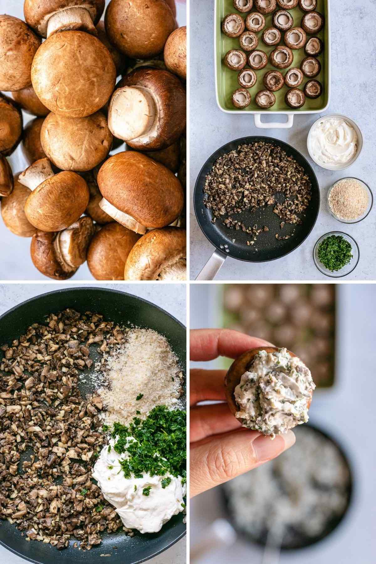 Healthy stuffed mushrooms collage