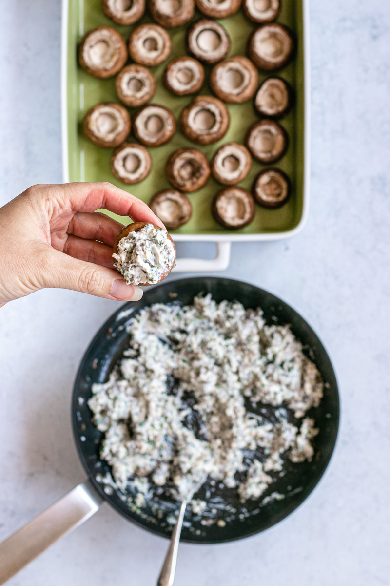 Heatlhy Stuffed Mushrooms ready to cook in baking dish