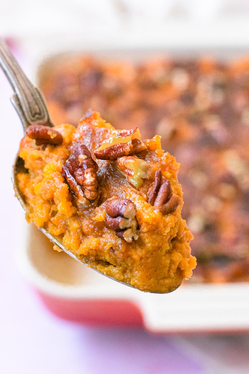 Healthy Sweet Potato Casserole on spoon