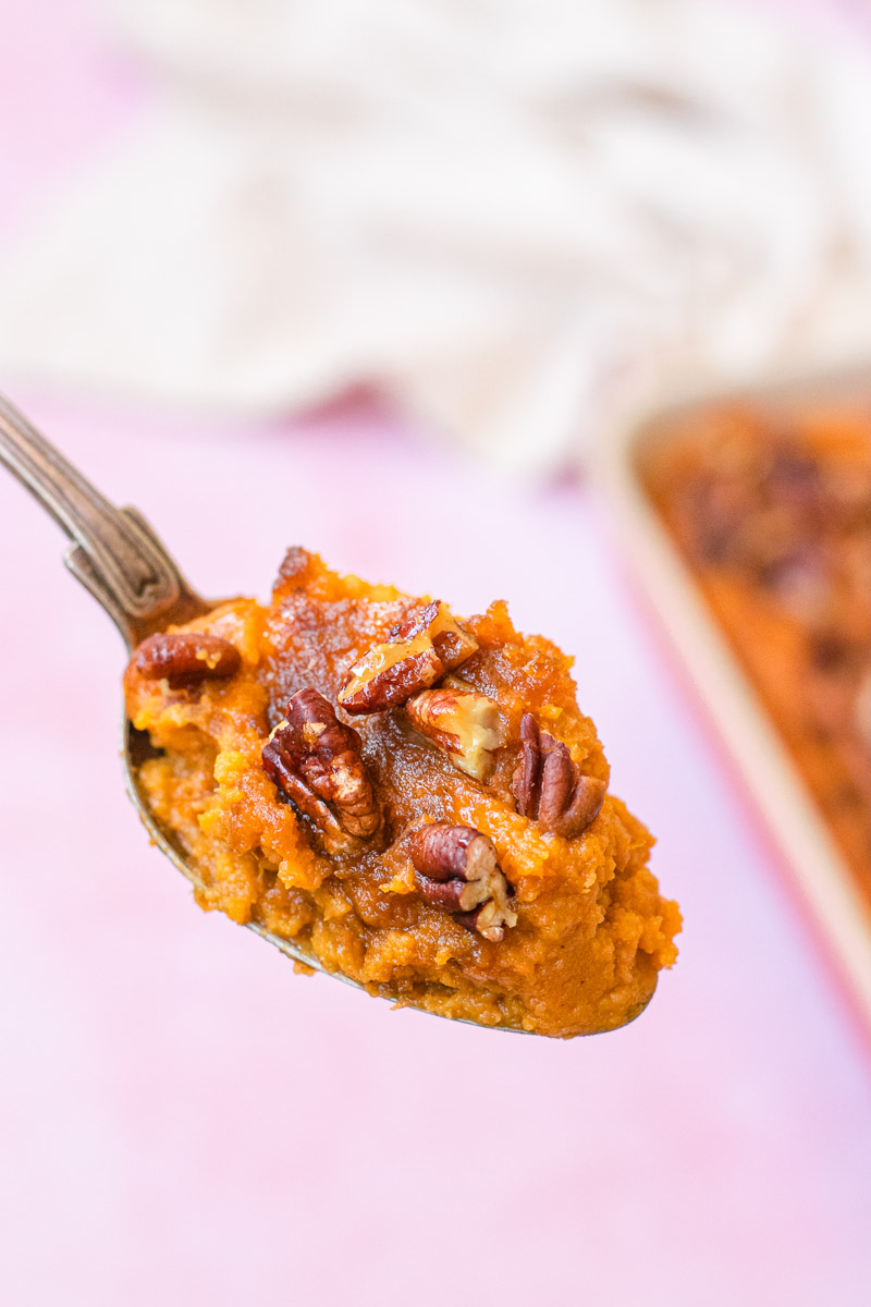 Healthy Sweet Potato Casserole on spoon