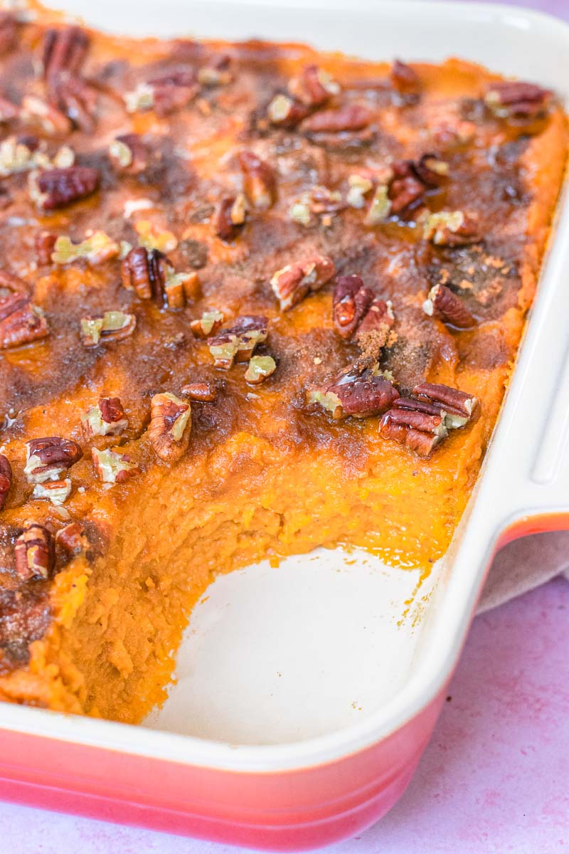 Healthy Sweet Potato Casserole finished in pan